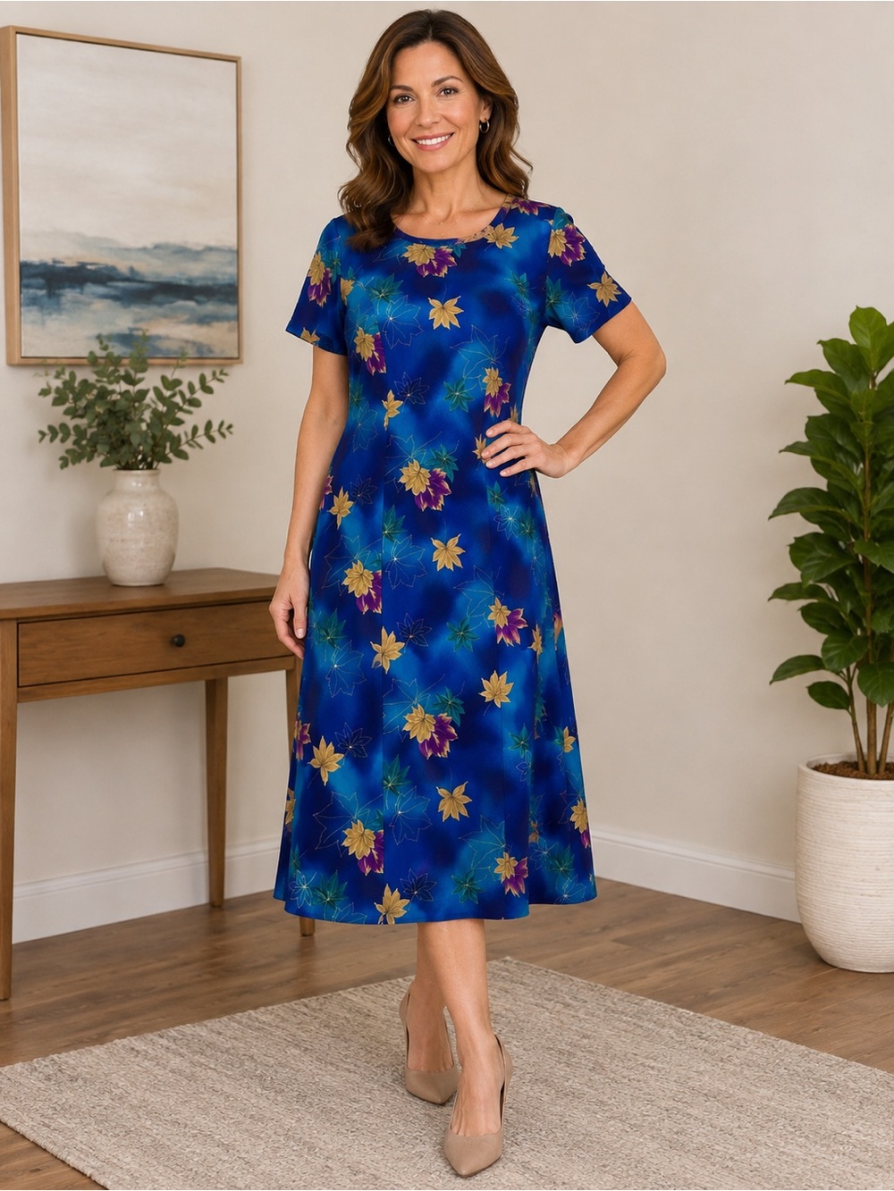 Vintage Bedford Fair Blue Leaf Print Midi Sheath Dress 10P Fall Classic Sheath